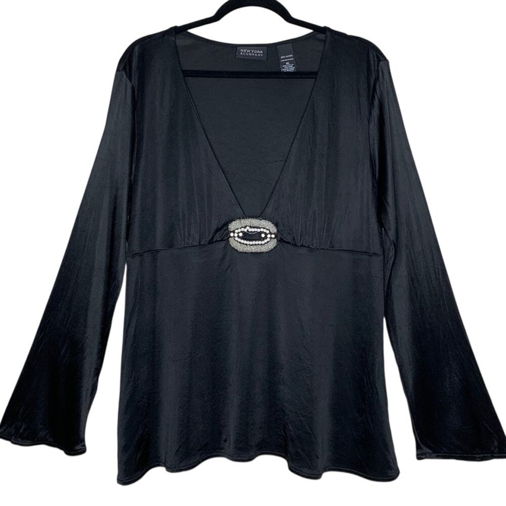 NY & Co Y2K Liquid Satin Plunge Top XL Black Beaded Pearl Rhinestone Witchy USA